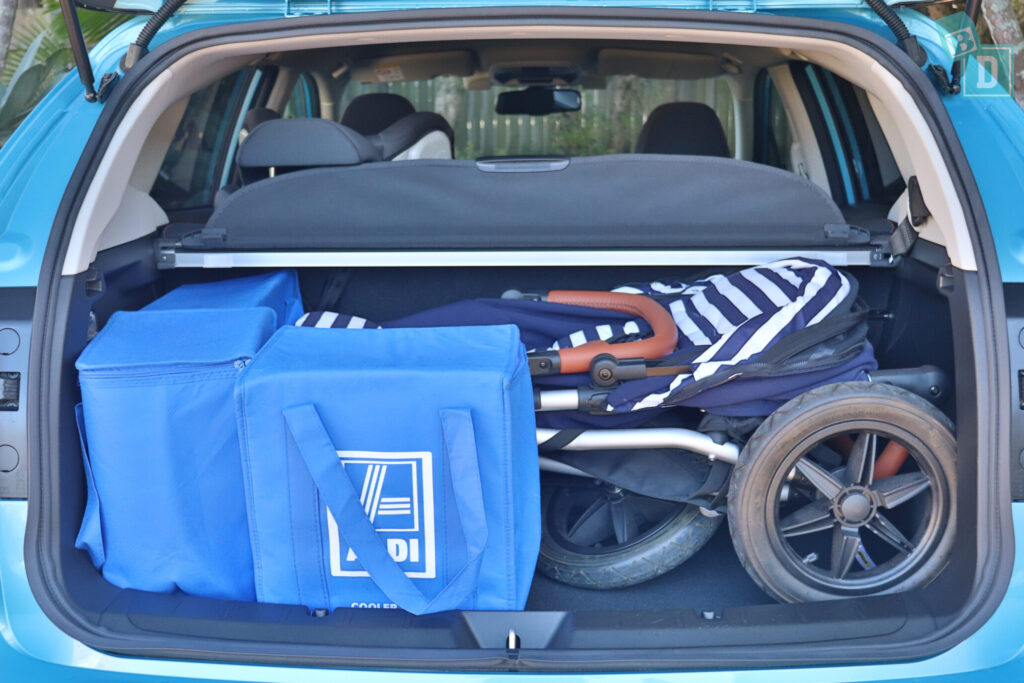 Subaru XV hybrid 2020 boot space with single stroller pram and shopping bags
