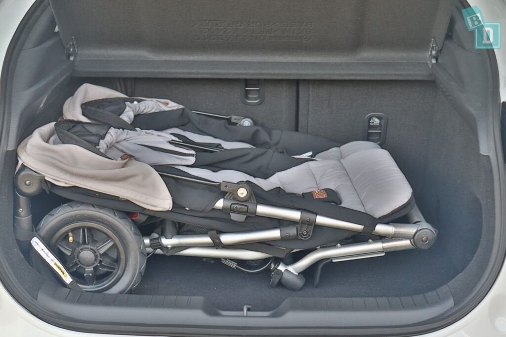 2021 Mazda MX-30 boot space for twin side by side stroller pram and shopping with two rows of seats in use