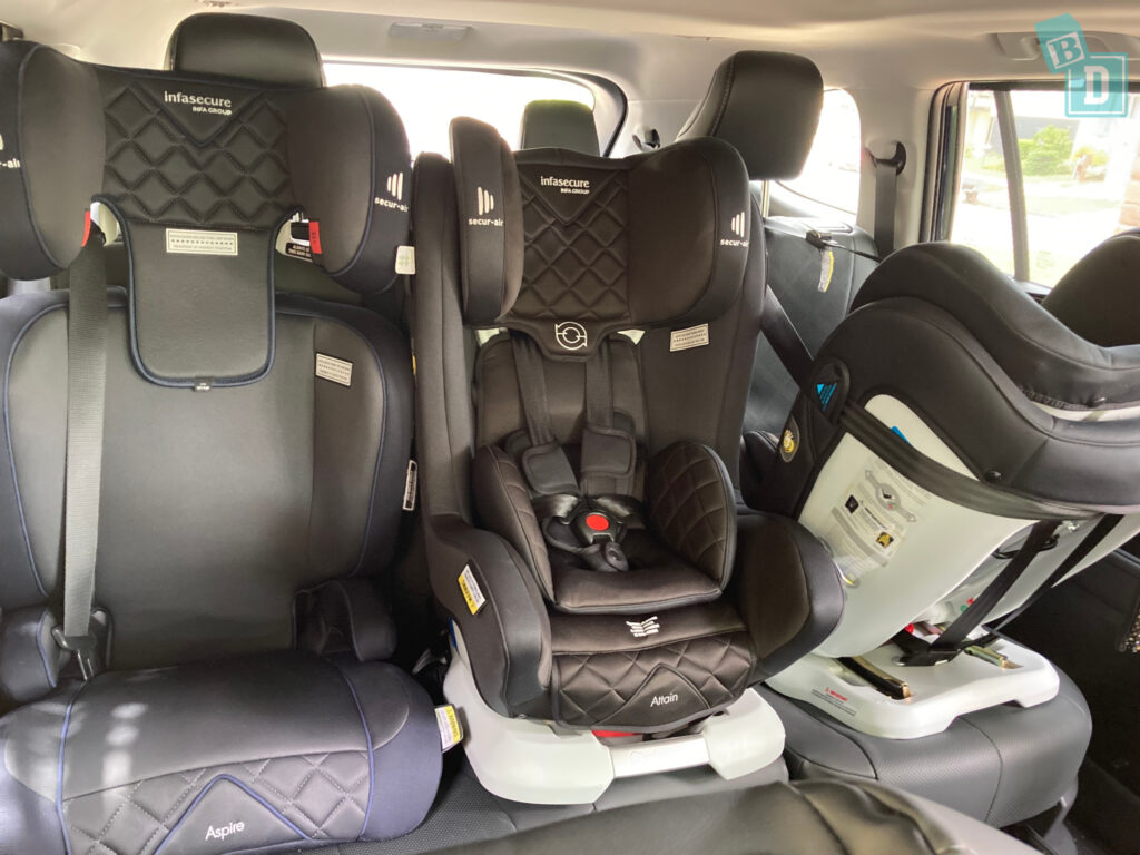2021 Toyota Kluger Hybrid Grande with three child seats installed in the second row