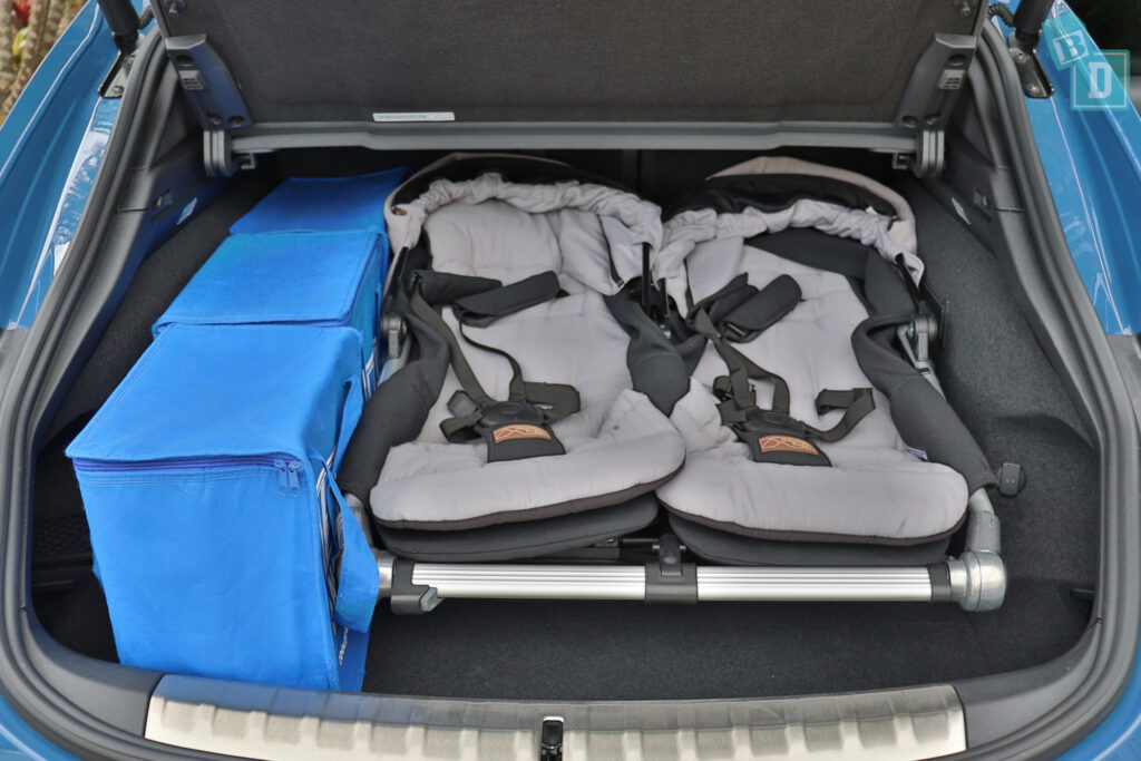 2022 Porsche Taycan 4S Cross Turismo boot space for twin side by side stroller pram and shopping with two rows of seats in use