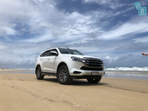 A white suv is parked on a beach.