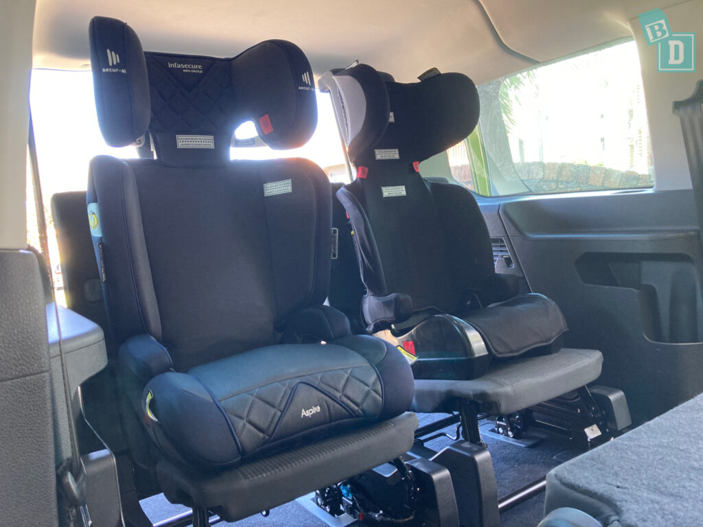 2022 VW Caddy People Mover with two child seats installed in the third row