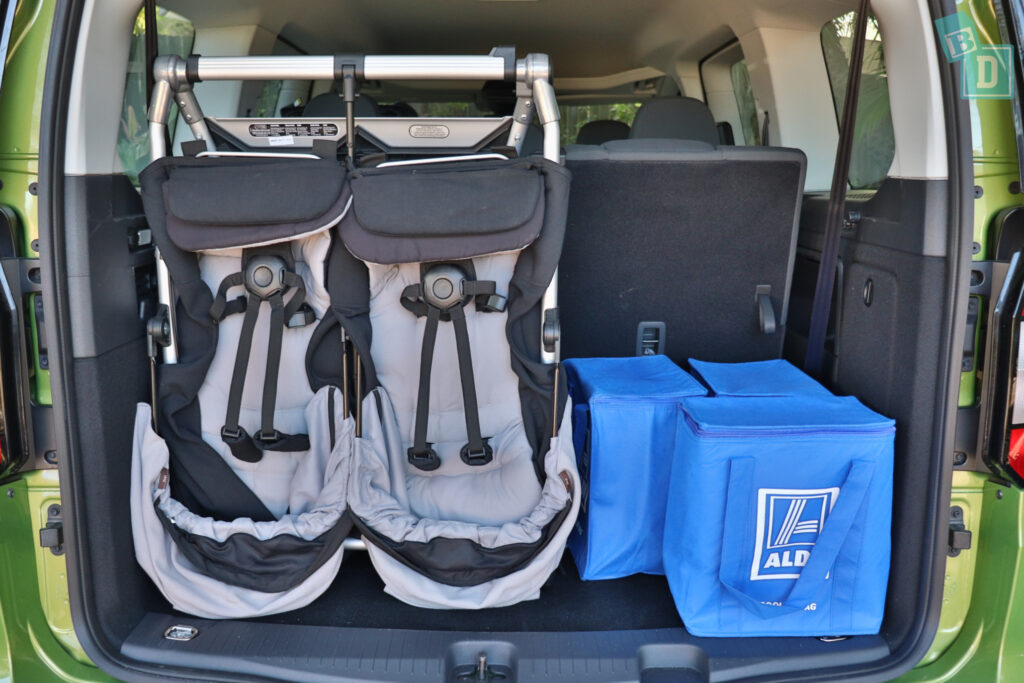 2022 VW Caddy People Mover boot space for twin side by side stroller pram and shopping with all three rows in use