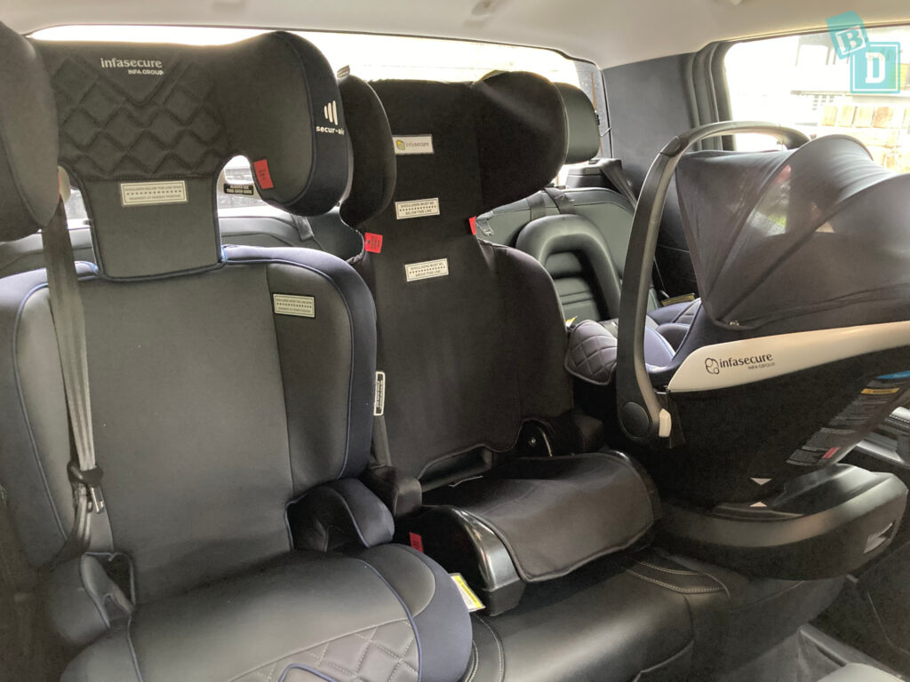 2023 Ford Ranger Sport with 3 child seats installed in the back row