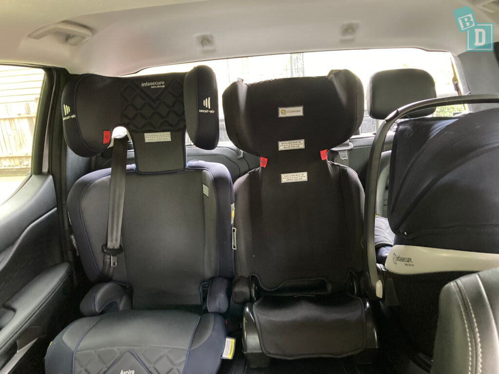 2023 Ford Ranger Sport with 3 child seats installed in the back row