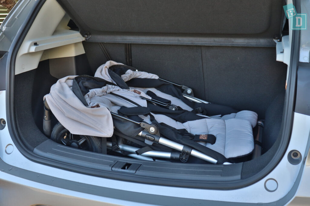2023 MG ZS EV boot space for twin side by side stroller pram and shopping with two rows of seats in use 