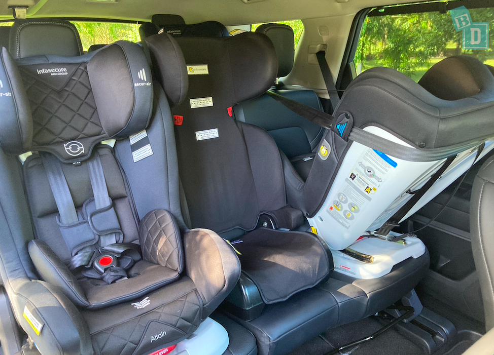 2023 Nissan Pathfinder Ti with three child seats installed in the second row 