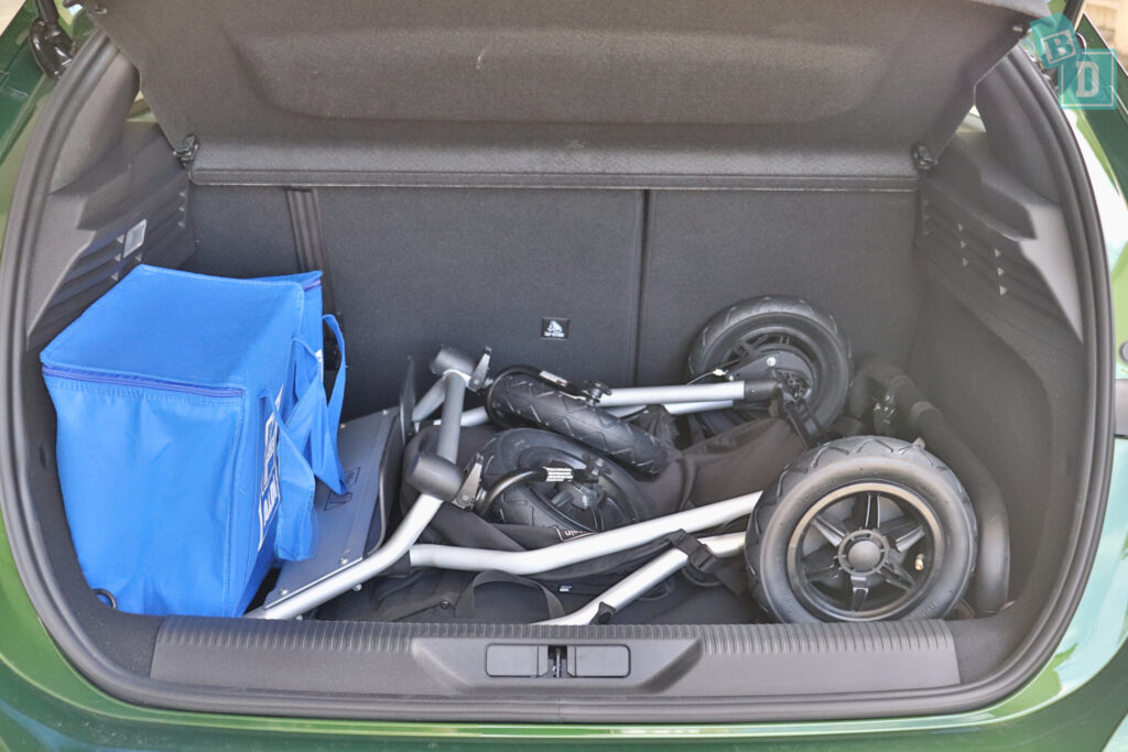 2023 Peugeot 308 GT boot space for twin side by side stroller pram and shopping with two rows of seats in use 
