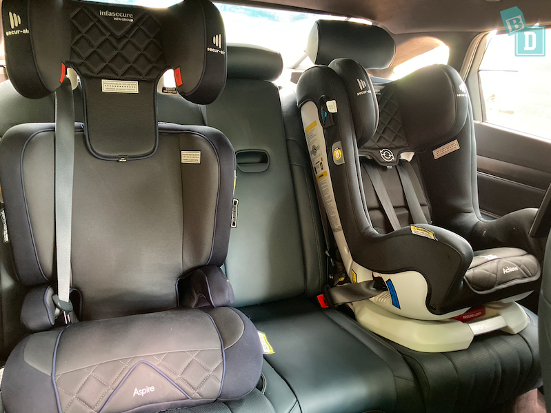 2023 Genesis Electrified G80 space between two child seats installed in the second row 