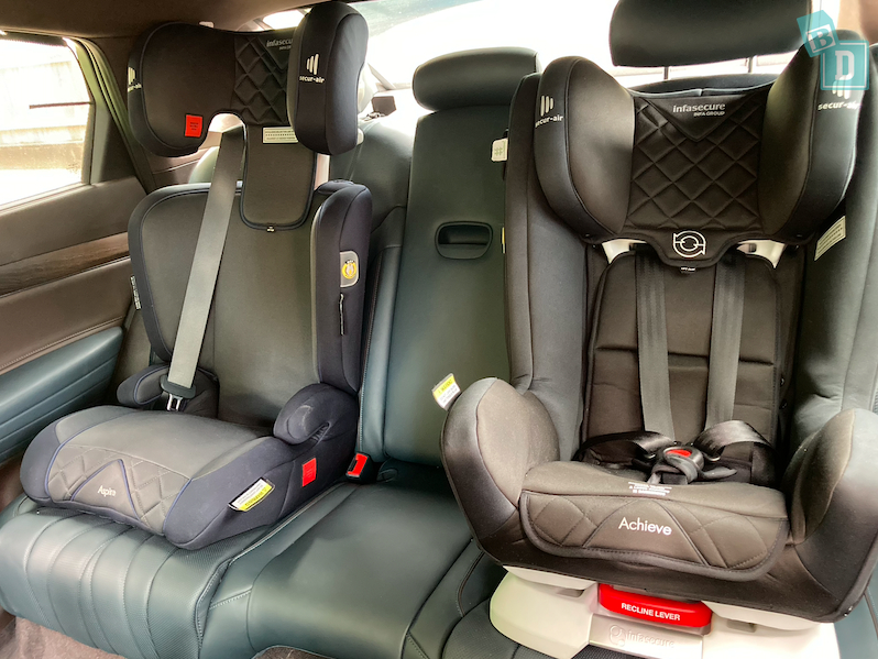 2023 Genesis Electrified G80 space between two child seats installed in the second row 