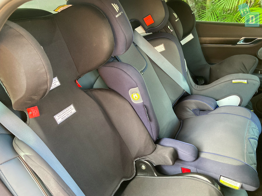 2023 Genesis Electrified G80 with three child seats installed in the second row 