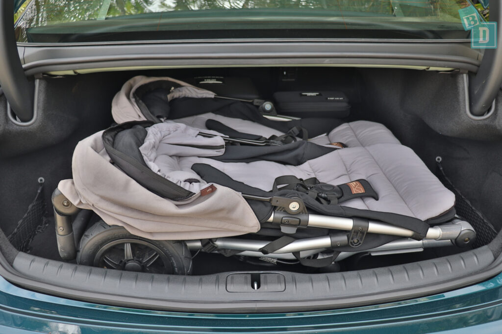 2023 Genesis Electrified G80 boot space for twin side by side stroller pram and shopping with two rows of seats in use 
