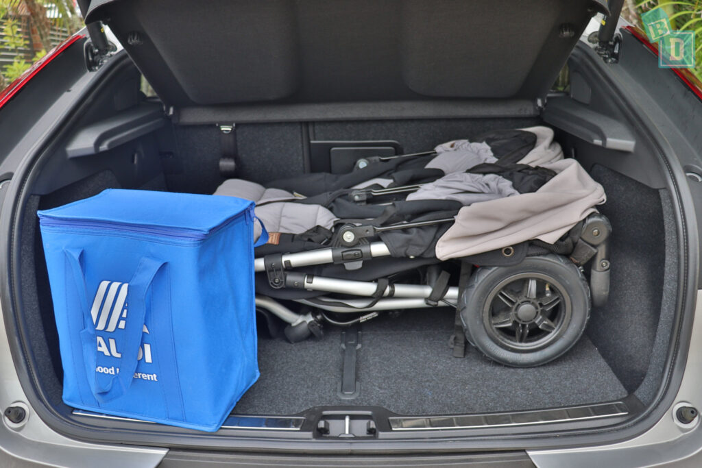 2023 Volvo C40 Recharge boot space for twin side by side stroller pram and shopping with two rows of seats in use 