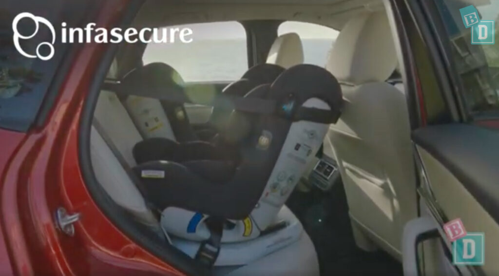 the back seat of a 2023 Mazda CX-60 with a child's car seat in it.