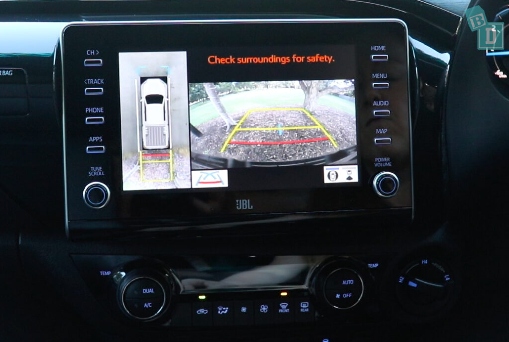 A car with a rear view camera on the dashboard.