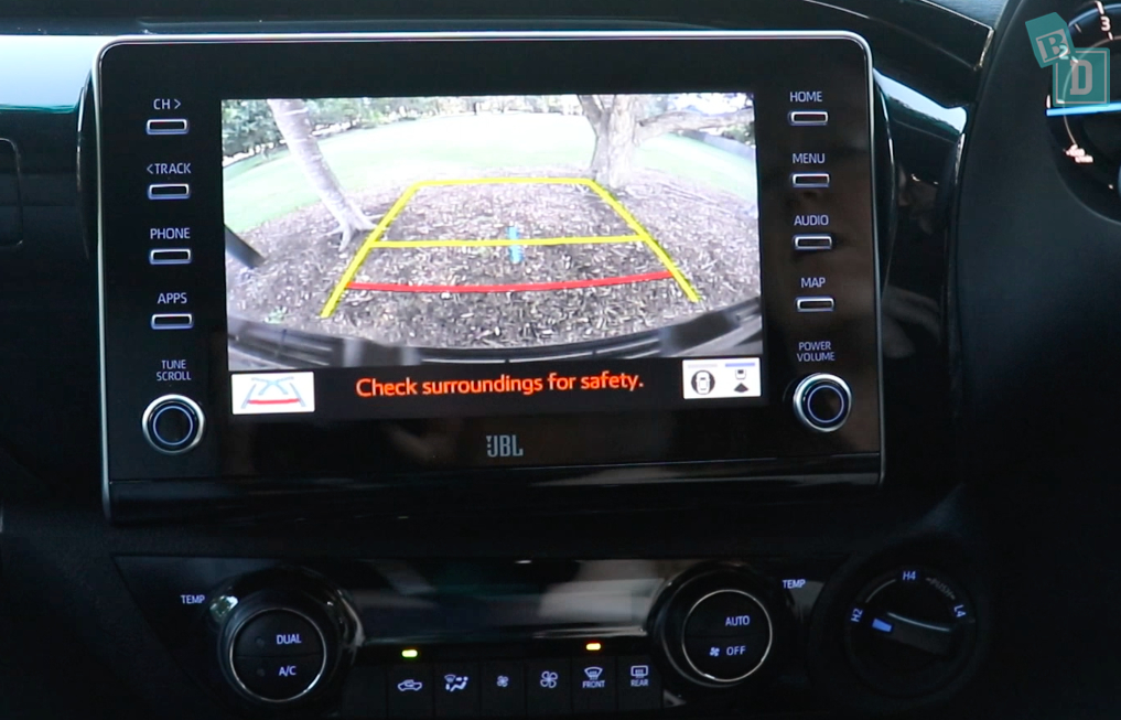 The rear view camera of a car is shown.