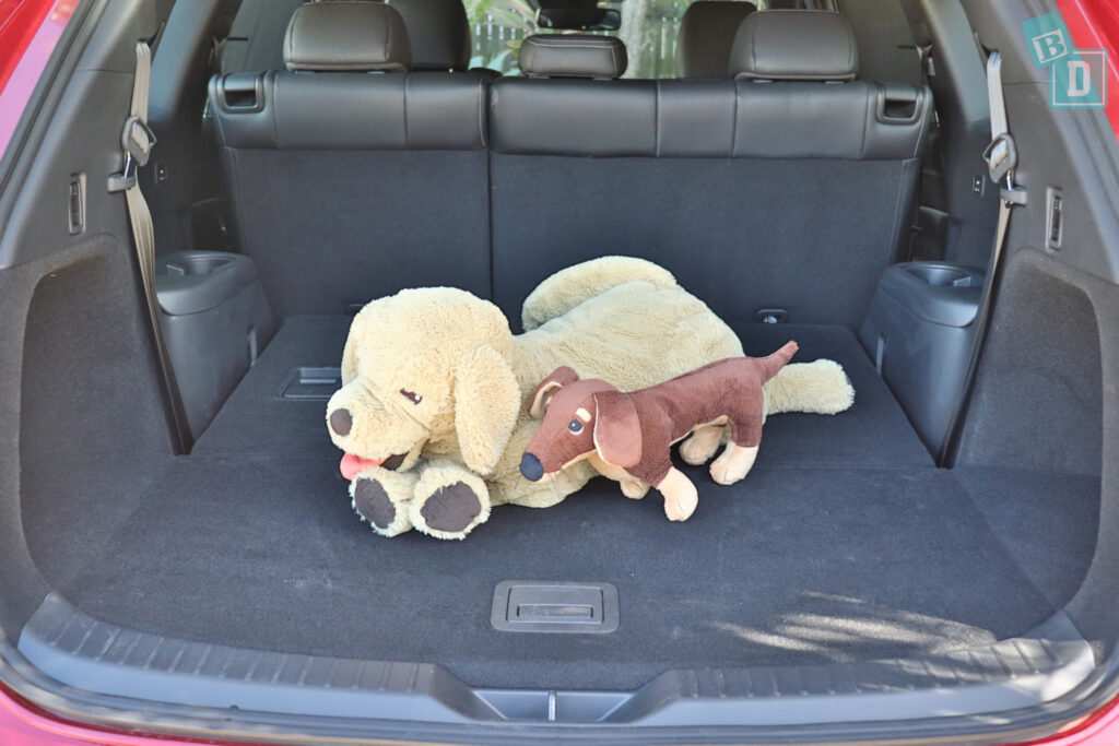 Stuffed animals in the trunk of a 2023 Mazda CX-8.