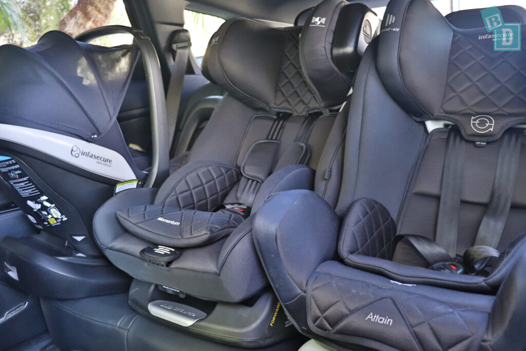 A car with two child seats in the back seat.