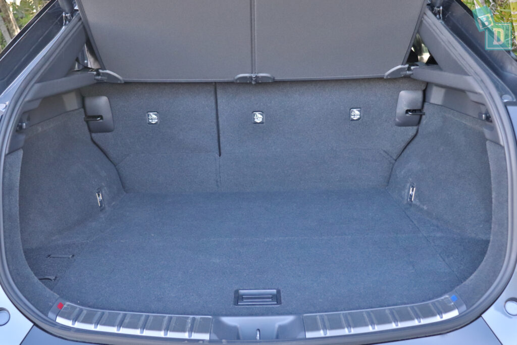 The trunk of a 2023 Lexus RZ 450e with three child seat top tether anchorages