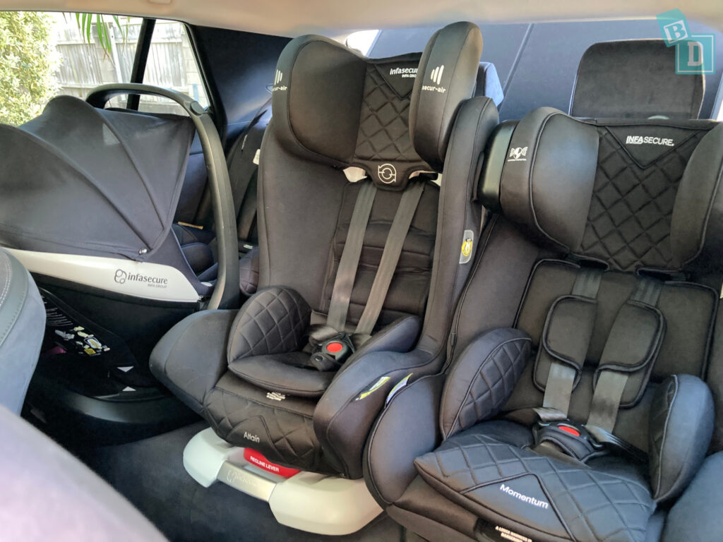 A 2023 Lexus RZ 450e with three infasecure child seats in it.