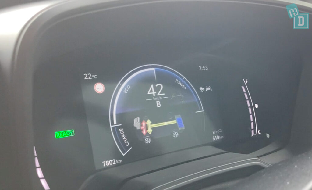 The dashboard of a 2023 Toyota Corolla Cross hybrid with a speedometer and a tachometer.