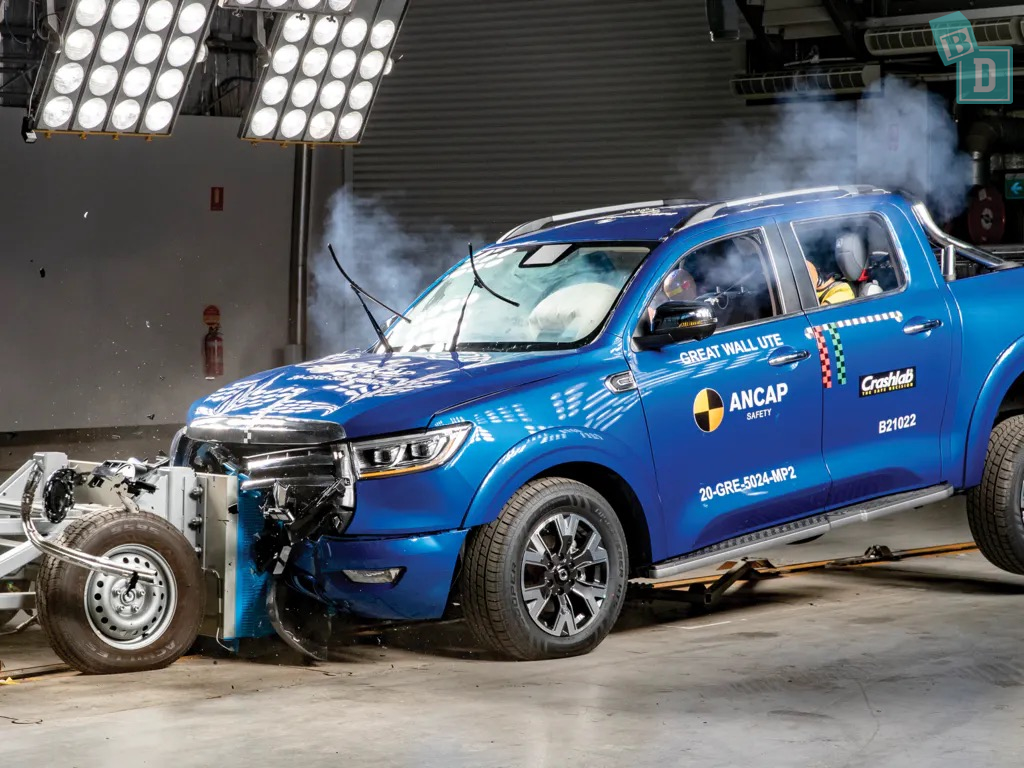 A blue GWM CANNON UTE is being tested in a crash test by ANCAP which shows it is one of the safest dual cab utes