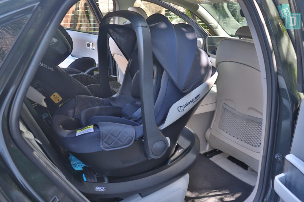 A child seat in the back seat of a 2023 Hyundai Ioniq 6.
