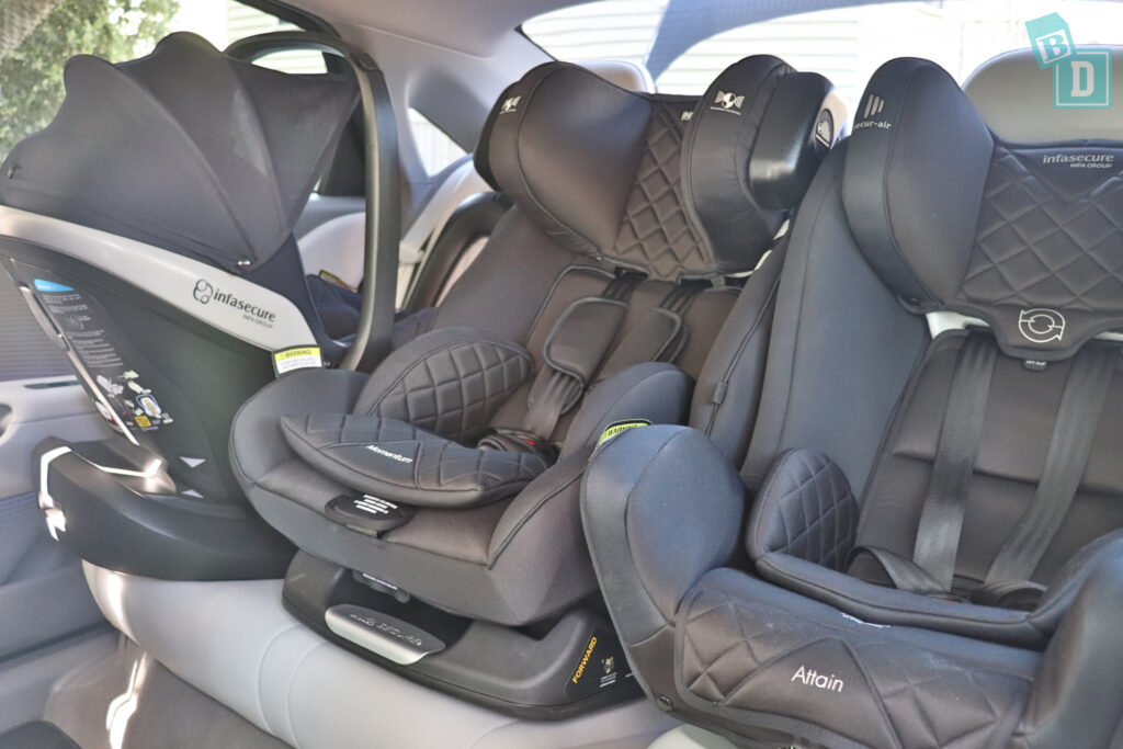 A 2023 Hyundai Ioniq 6 with two child seats in the back seat.
