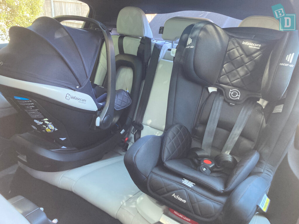 2024 Polestar 2 space between two child seats installed in the second row
