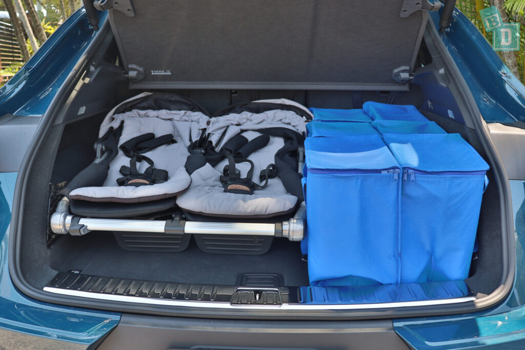 2023 Porsche Cayenne Coupe boot space for twin side by side stroller pram and shopping with two rows of seats in use
