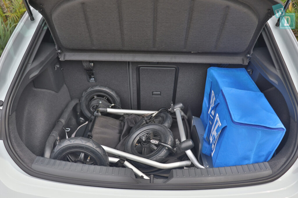 2023 Cupra Leon boot space for twin side by side stroller pram and shopping with two rows of seats in use
