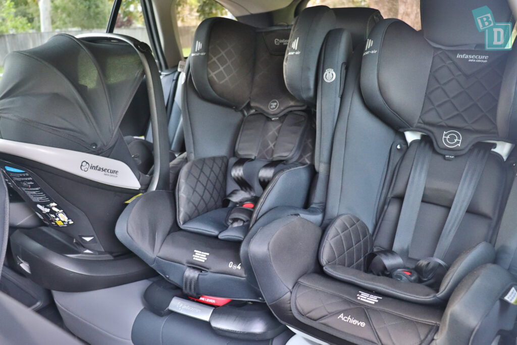 Subaru Outback Sport XT with three child seats installed in the second row
