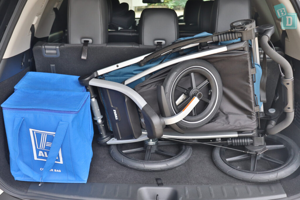 2024 Nissan Pathfinder Ti boot space for single stroller pram and shopping with all three rows in use
