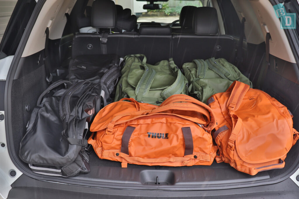 2024 Nissan Pathfinder Ti boot space with two rows of seats in use
