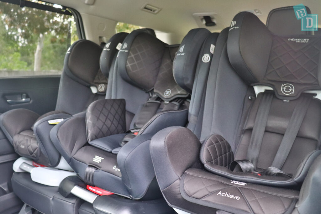 2024 Nissan Pathfinder Ti with three child seats installed in the second row

