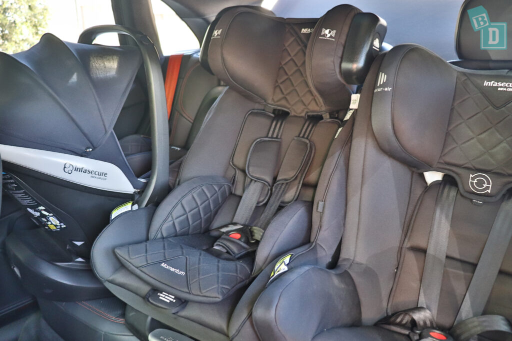 2023 Porsche Macan T with three child seats installed in the second row 