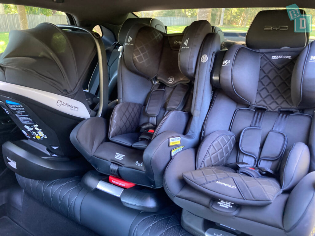 2024 BYD Seal with three child seats installed in the second row
