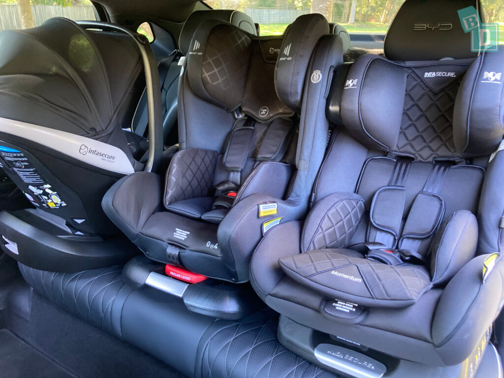 2024 BYD Seal with three child seats installed in the second row
