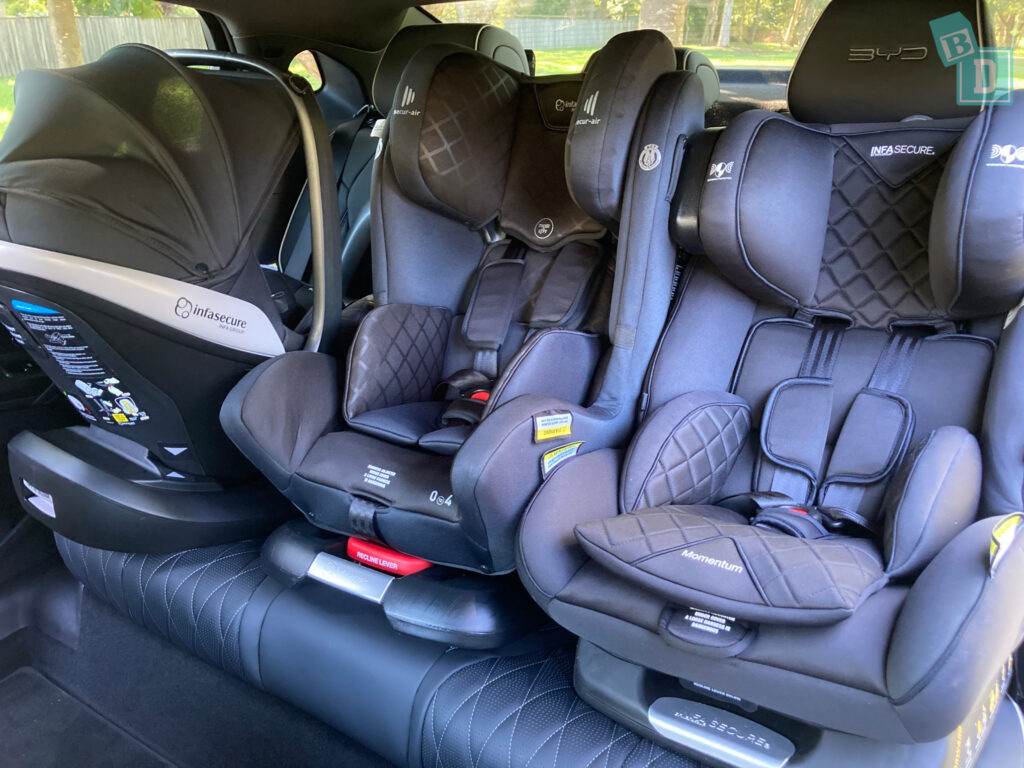 2024 BYD Seal with three child seats installed in the second row
