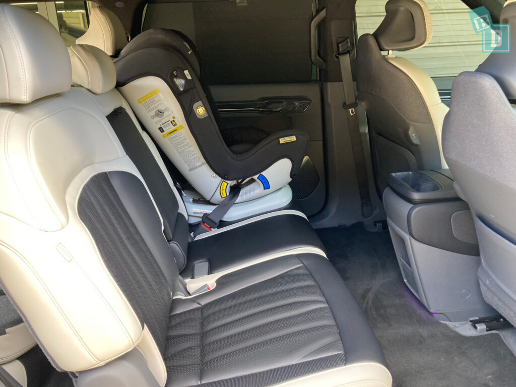 2024 Kia EV9 GT-Line legroom with forward-facing child seats installed in the second row
