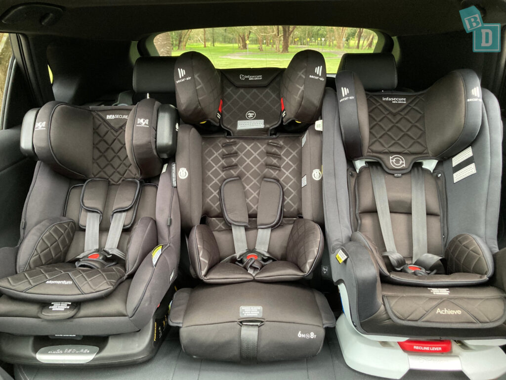 2024 Toyota bZ4X AWD with three child seats installed in the second row
