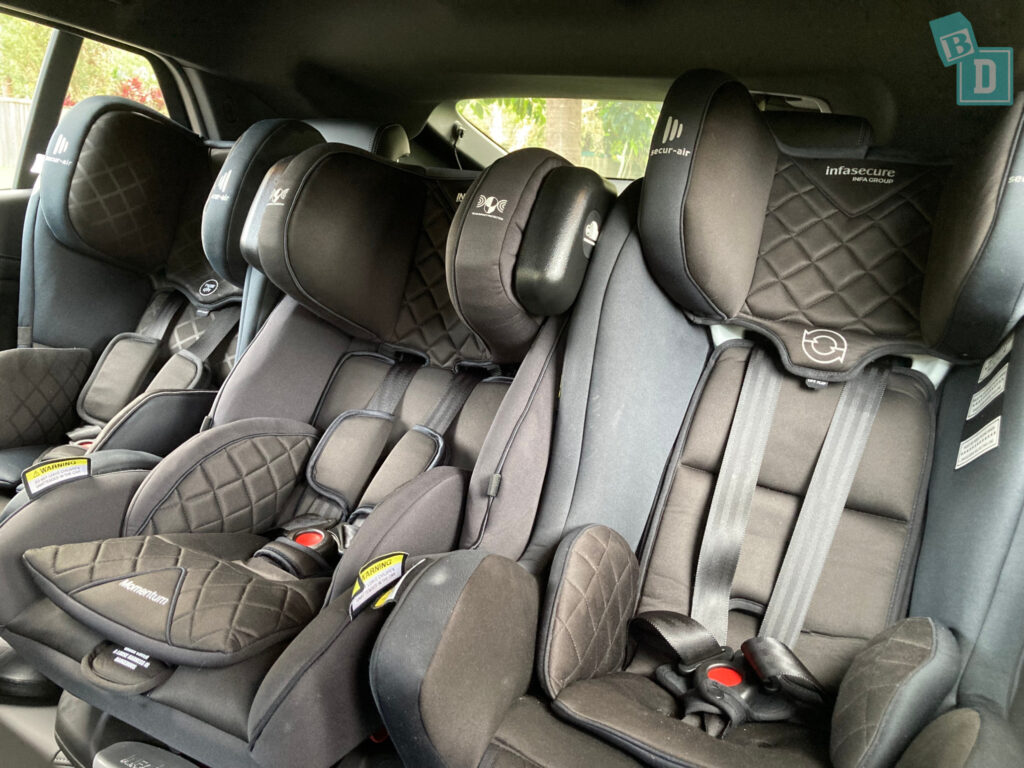 2024 BMW X2 XDrive 20i with three child seats installed in the second row
