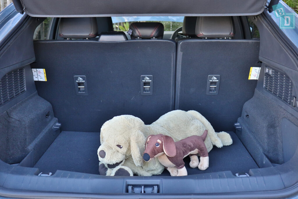 2024 Ford Mustang Mach-E Premium boot space for dogs with two rows of seats in use
