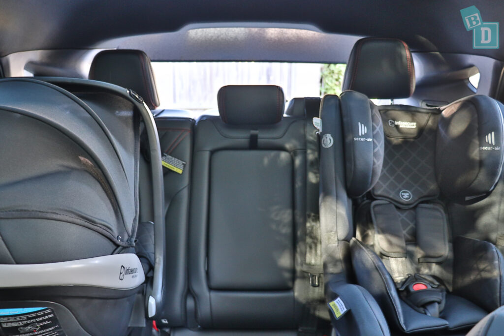 2024 Ford Mustang Mach-E Premium space between two child seats installed in the second row
