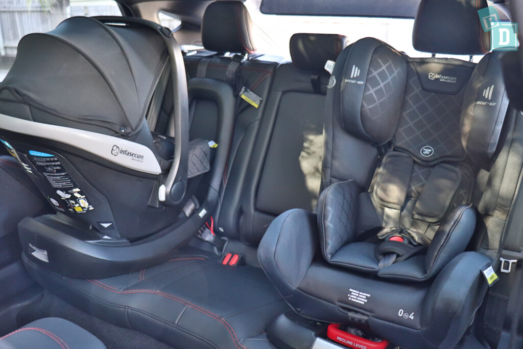 2024 Ford Mustang Mach-E Premium space between two child seats installed in the second row
